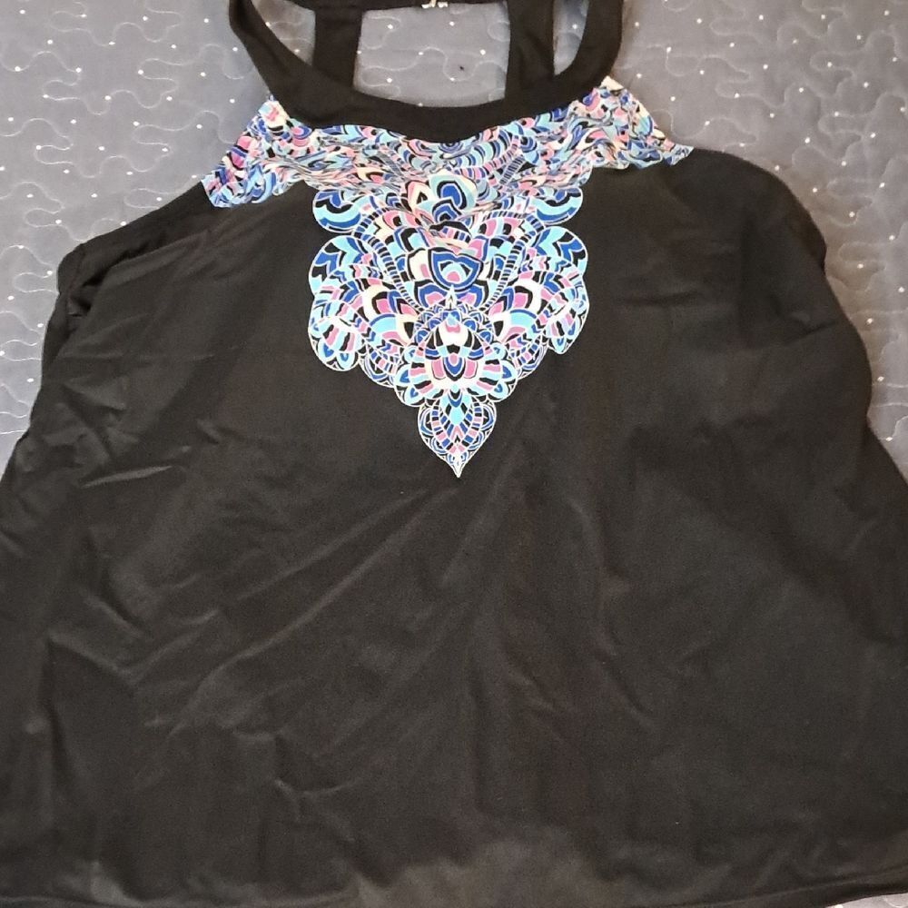 Black Women's Tankini Top with Blue Floral Accent
